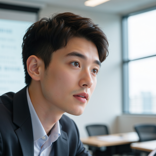 四十五岁左右中年男性头像，穿白色衬衫黑色西装，表情严肃认真，背景办公室